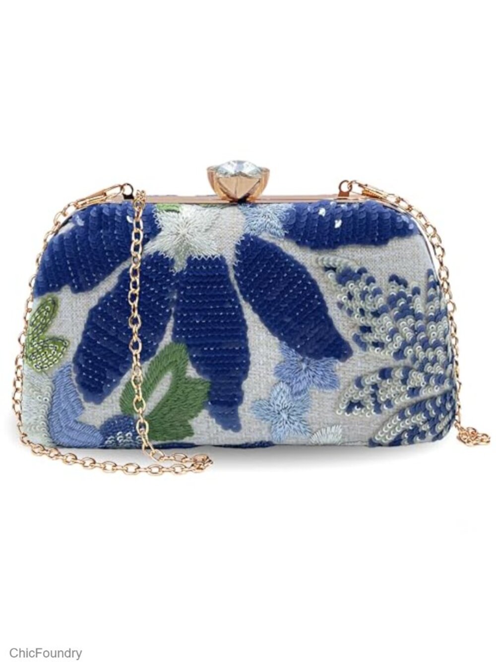 Beaded Sequin Clutch Evening Bag Floral Purse with Chain Strap for Wedding Party